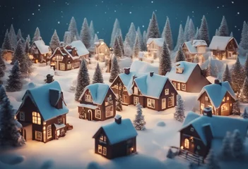 Gordijnen Christmas village with Snow in vintage style Winter Village Landscape Christmas Holidays Christmas C © ArtisticLens