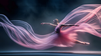 a ballet dancer performing a grand jeté. The image captures the dancer mid-leap, with the long exposure creating a fluid, ghost-like trail that follows the arc of her jump