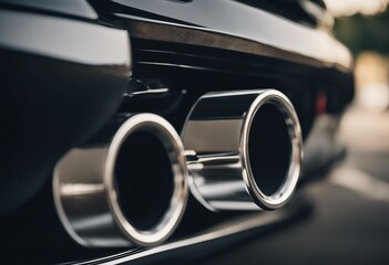 Close up of stainless steel exhaust tip muffler pipe of sports car bokeh car showroom on background