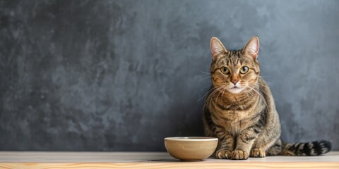 Hungry cute tabby cat sitting near empty bowl on wooden floor 