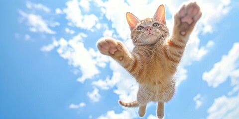 Funny kitten jumping in the blue sky with clouds. Banner with space for text