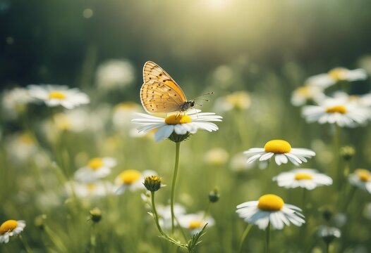 Beautiful wild flowers chamomile with butterfly on sunny spring meadow close-up macro Landscape wide