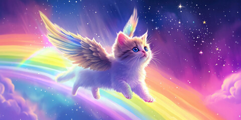 A cute kitten with angel wings runs along the rainbow. The concept of rest in peace. Fantasy animal illustration. Pets passing away