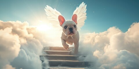 Cute French bulldog with angel wings on the stairs to heaven among the clouds. The concept of rest in peace. - obrazy, fototapety, plakaty