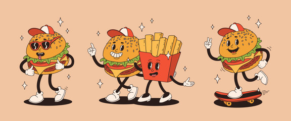Set of fast food retro groovy cartoon character. Vintage mascot of burger with french fries, burger with hat and glasses on skateboard with happy smile. Funky street food illustration