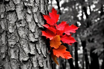 Selective Color Red Autumn Leaf and Tree Trunk on Beautiful Natural Background