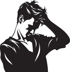 Uncertain Thoughts Depressed Man Icon in Vector Bewildered Brainwaves Scratching Head Emblem