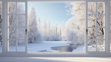 Winter Wonderland: Sliding Windows Reveal Snowy Forest Views in Resort Hotel