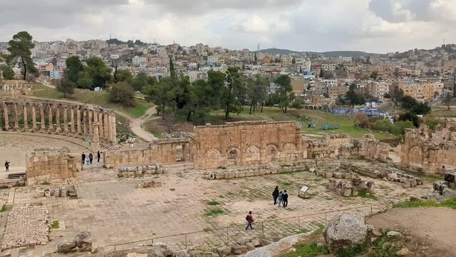 ancient Roman structures in Jerash city,Gerasa, Jordan, hippodrom, amphiteatre,theatres and columns of the ancient Roman civilization made out of sand and marble stone