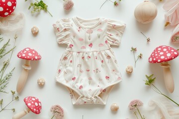 A charming baby girl's romper with mushroom and floral patterns laid out with whimsical decorative mushrooms and fresh flowers..