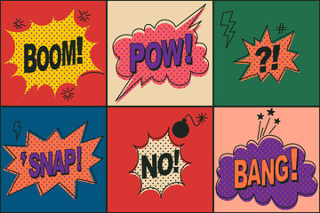 Speech bubbles set. Comic text sound effect. Banner, poster, sticker concept. Expression funny style text Boom, Pow. Explosion design. Vector bright cartoon messages. Abstract background pop art style