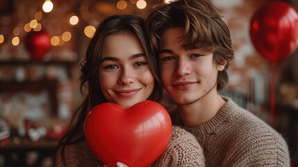 Young couple close together, holding a red heart balloon, with joyful smiles in a romantic, warmly lit setting