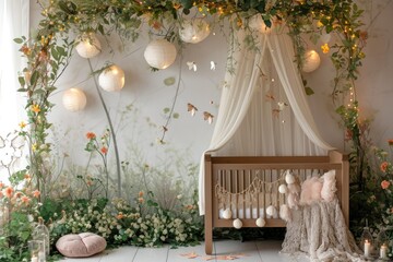 A beautifully decorated baby nursery with an enchanted garden theme, featuring a crib adorned with fairy lights, greenery, and paper lanterns..