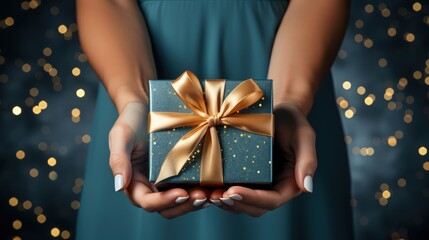 Elegant hands presenting a gift box wrapped in blue and gold ribbon, with a sparkling bokeh...