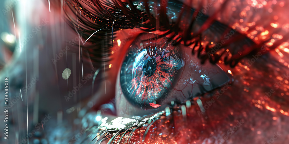 Poster a close-up shot of a person's eye against a vibrant red background. perfect for adding intensity and