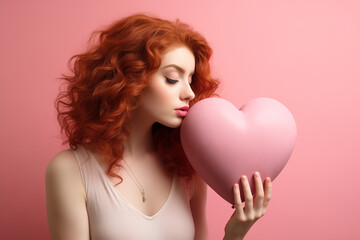  A young red-haired woman holding a heart.