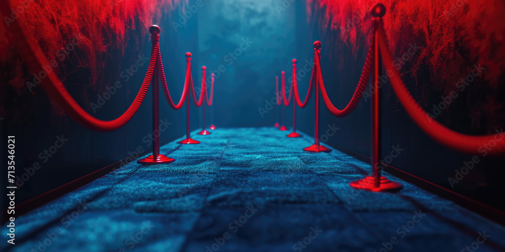 Aufkleber a blue carpet with red ropes and ropes on it. can be used to depict an elegant event or a grand entr