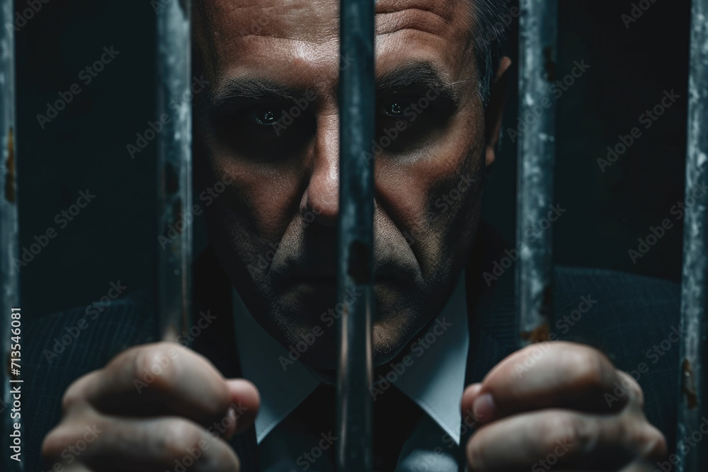 Poster a man in a suit and tie trapped behind bars. this image can be used to depict concepts such as impri