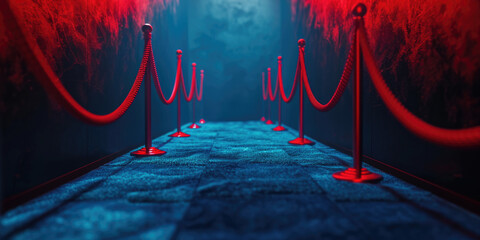 A blue carpet with red ropes and ropes on it. Can be used to depict an elegant event or a grand entrance