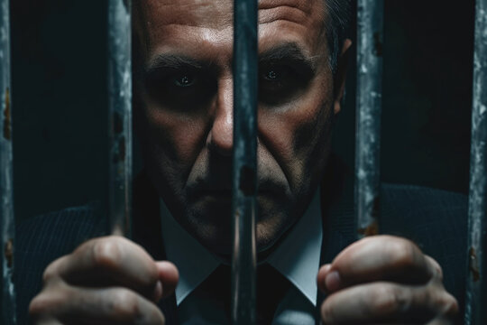 A man in a suit and tie trapped behind bars. This image can be used to depict concepts such as imprisonment, confinement, restriction, or legal issues