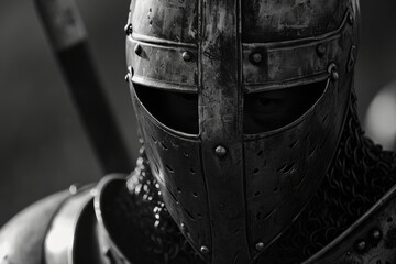 A black and white photo of a knight in armor. Suitable for historical projects and medieval-themed designs - obrazy, fototapety, plakaty