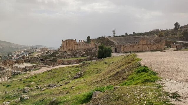 ancient Roman structures in Jerash city,Gerasa, Jordan, hippodrom, amphiteatre,theatres and columns of the ancient Roman civilization made out of sand and marble stone