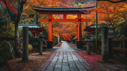 Fototapeta na wymiar Pathway Leading to a Red Tori in a Japanese Garden