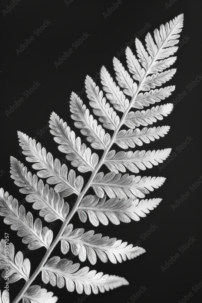 Poster A close-up photo of a fern leaf, captured in black and white. This image can be used to add an elegant touch to any design or to evoke a sense of nature and tranquility