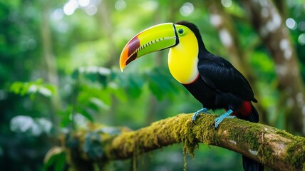 Obraz premium Keel billed birds sitting rainforest tree branch photography