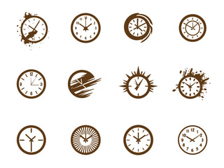 Clocks and Watches logos set icons vectors silhouettes on white background