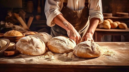 Cropped image of male baker kneading bread dough in bakery on wooden table with flour among loaves of bread - obrazy, fototapety, plakaty
