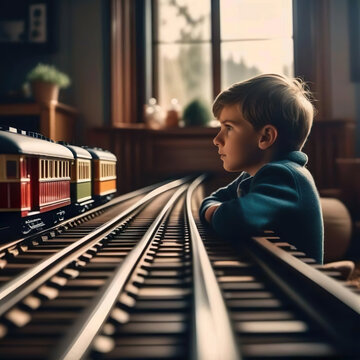 Ni&ntilde;o observando un gran tren de juguete dentro de una habitaci&oacute;n 