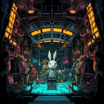 The interior design of a spacious evil rabbit night themed AI Generated Image