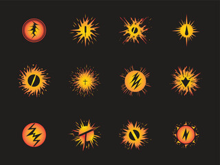 Magnetic field and lightning effects logos set icons vectors silhouettes on black background