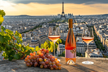 A bottle of wine, against the background of the Eiffel Tower in pastel colors, a romantic story....