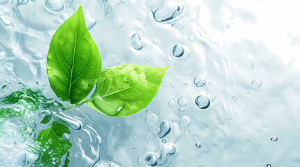 water and one green leaf, sunlight reflection, top view, beauty backdrop