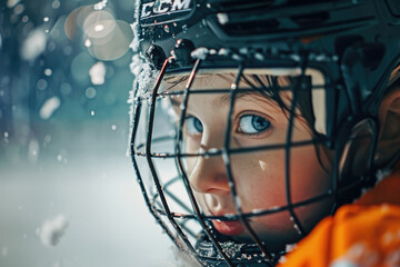 A young boy is pictured wearing a hockey helmet on top of an ice rink. This image can be used to depict ice hockey activities or as a representation of winter sports - Powered by Adobe