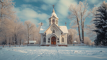 A church standing in the middle of a snowy field. Perfect for winter-themed projects