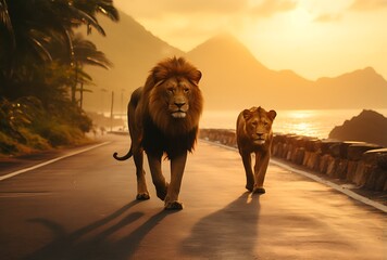 Lion and lioness walking on the road at sunset in Rio de Janeiro, Brazil - obrazy, fototapety, plakaty