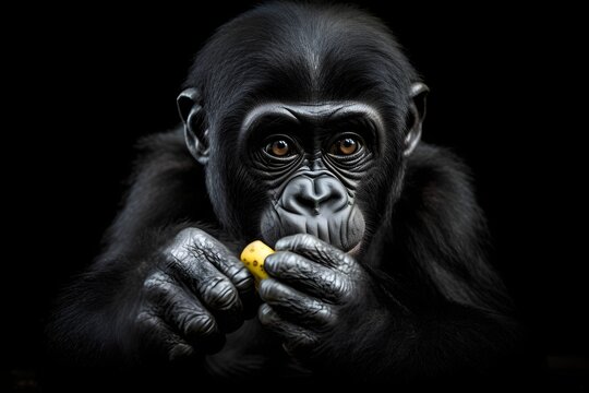 baby gorilla with a banana in his hand