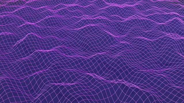 Abstract geometric background 3d animation motion graphics with mesh waves in vibrant glowing neon purple colors. Technology, science futuristic concept. 4k 3d rendered video.