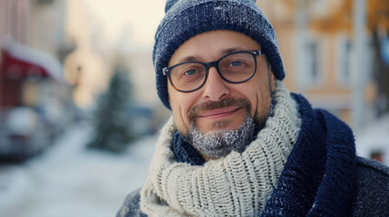 A man wearing glasses and a scarf standing in the snow. Suitable for winter-themed designs and outdoor activities