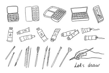 Big set of watercolors, brushes and tubes of paint in doodle style. Hand with a brush. Art school, creativity, drawing, vector illustration. Hand drawn