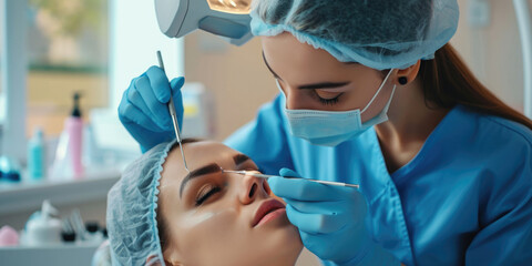 Woman having her eyebrows groomed at a professional beauty salon. Perfect for beauty, skincare, and self-care related projects