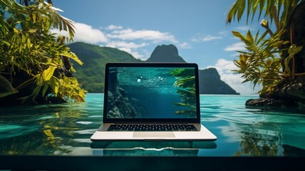 Laptop sinking at water disaster floating image