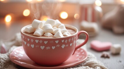 Fototapeta na wymiar A cup of steaming hot cocoa, adorned with heart-shaped marshmallows, inviting cozy moments and sweet conversations in celebration of Valentine's Day