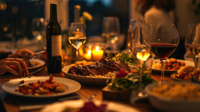 A group of people gathered around a dinner table, enjoying a meal together. Perfect for illustrating family gatherings, celebrations, or social events