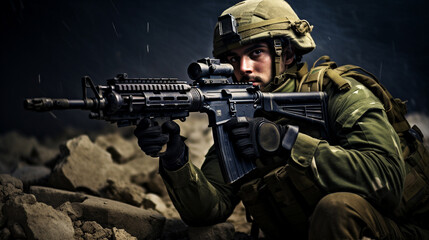 Army ranger in the mountains. Military man