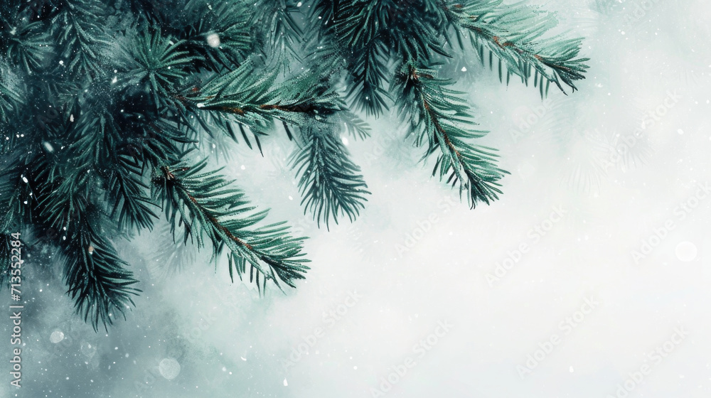 Poster A close up view of a pine tree branch covered in snow. Perfect for winter-themed designs and nature-inspired projects