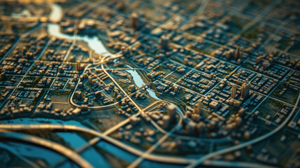 A model of a city with a river running through it. Ideal for urban planning projects or architectural presentations